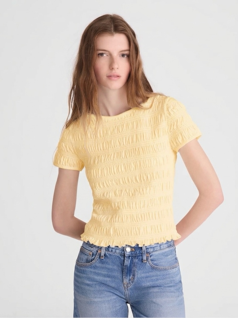 Madewell Smocked Short Sleeve Top Butter Yellow Fitted Lettuce Hem Coquette XS